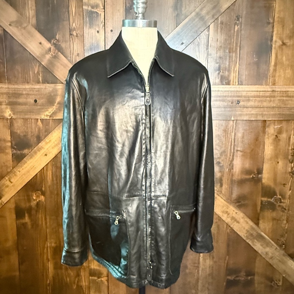 Vintage Giorgio Armani from Bergdorf Goodman Black Lambskin Zippered Jacket 44